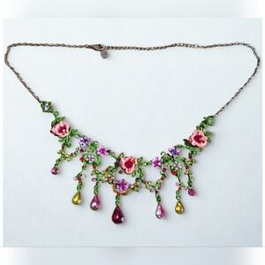 Vintage Painted Floral And Multicolor Gem Bib Necklace